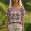 Summer Women's T-Shirt Floral Pattern Bohemian Style Casual Short-Sleeved V-Neck Loose Women's Clothes