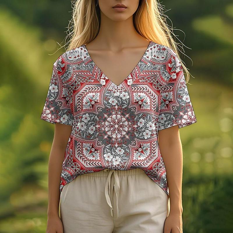 Summer Women's T-Shirt Floral Pattern Bohemian Style Casual Short-Sleeved V-Neck Loose Women's Clothes