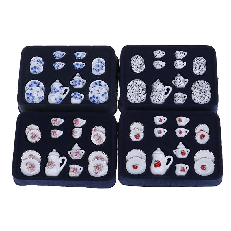 15Pcs 1:12 Miniature Porcelain Tea Cup Set Chintz Flower Tableware Kitchen Dollhouse Furniture Toys For Children Teapot DIY Toys