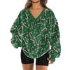 Women's Fashionable V-neck Christmas Printed Long Sleeved Casual Pullover Plush Warm Pocket Sweatshirt Top