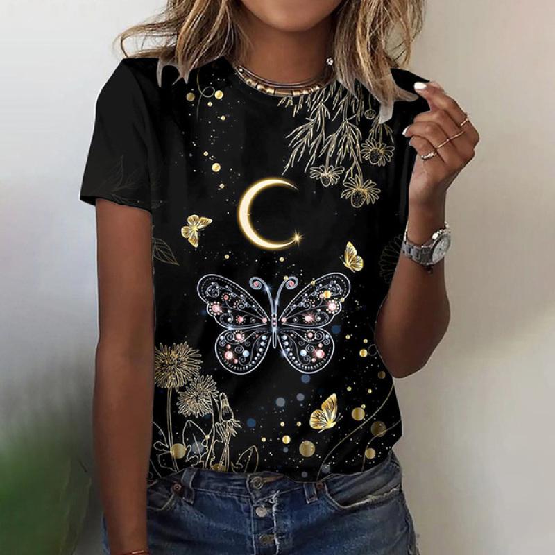 Summer butterfly 3D printed T-shirt for women, fashionable and casual round neck short sleeved shirt