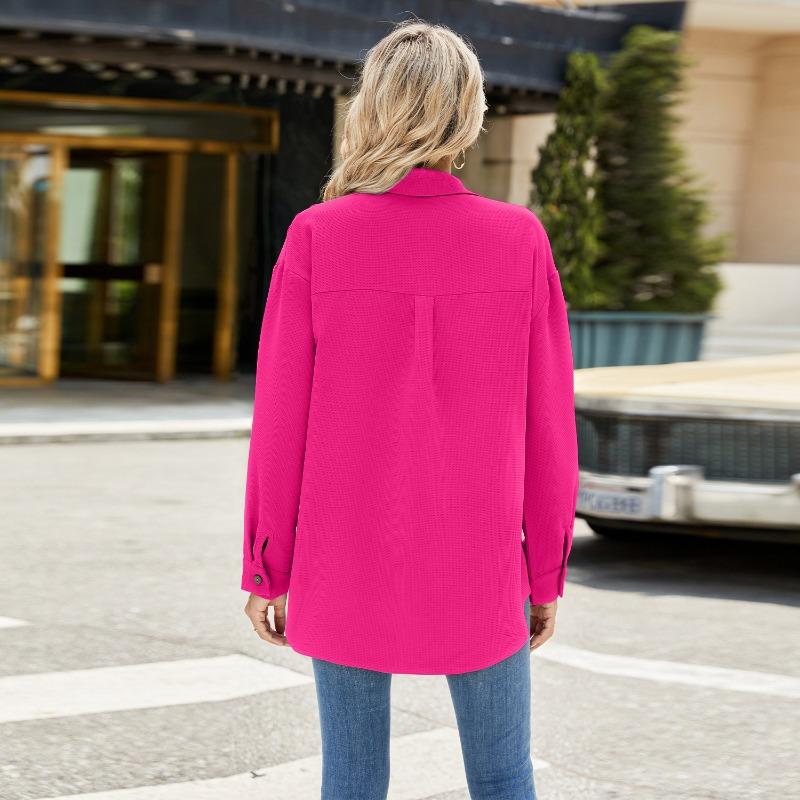 Spring and Autumn Women's Shirt Solid Colour Striped Lapel Button Long Sleeve Loose Top
