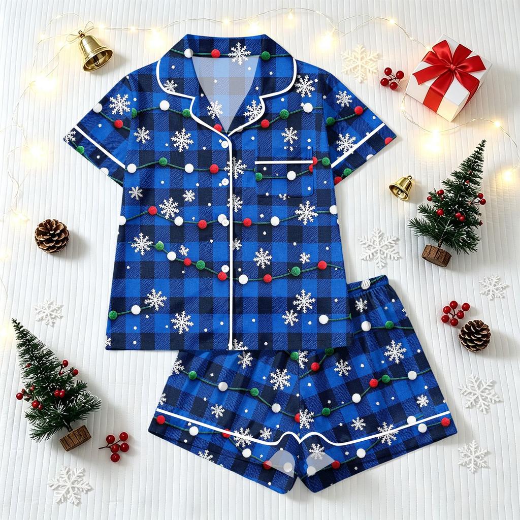 Women's Christmas Pajama Set Short Sleeve Button-Up Shirt and Shorts Holiday Sleepwear Set