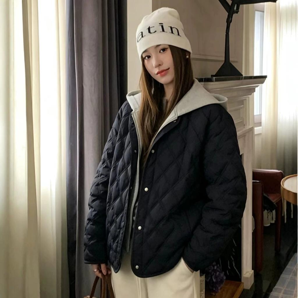 Jing new women's clothing European and American style autumn and winter new fashion quilting line rhombus hooded cotton jacket fashion