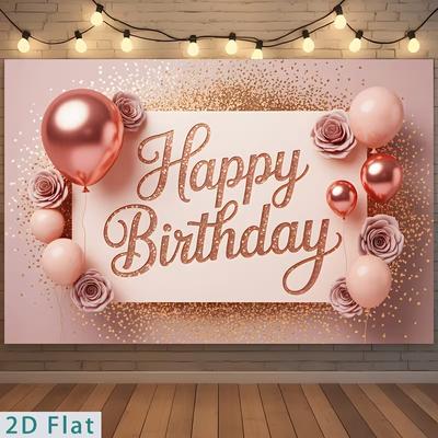 Fundo Fotográfico 2D Feliz Aniversário Elegante Balão Dourado Rosa com Glitter e Fundo de Flores