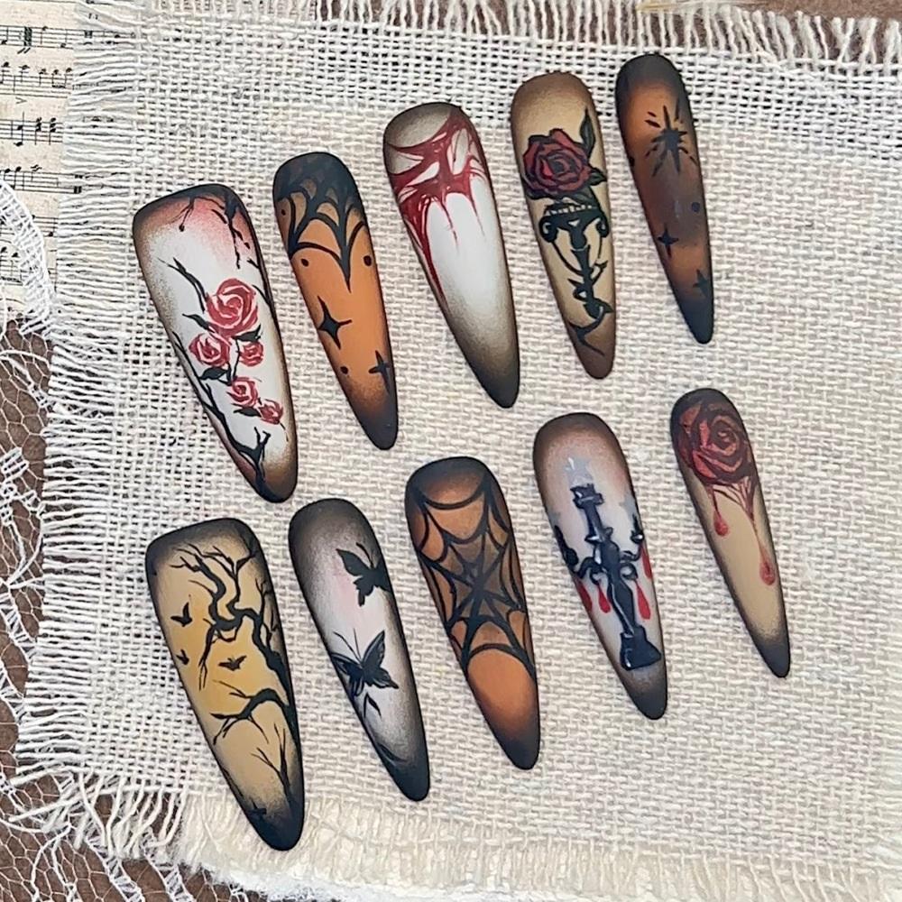 Halloween Rose Spider Web Butterfly Branch Nail Art Fake Nails Retro Dark Gothic Wear Nails