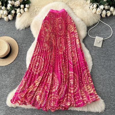 Gonna Maxi Pieghettata Elegante da Donna Primavera Estate Vita Elastica Lunga da Vacanza Spiaggia Taglia Unica