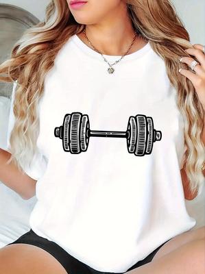 Damen Freizeit Fitness T-Shirt mit Hantel-Grafik Brauner Ärmel Rundhalsausschnitt Bequemes Sommer Top für Training Entspannung