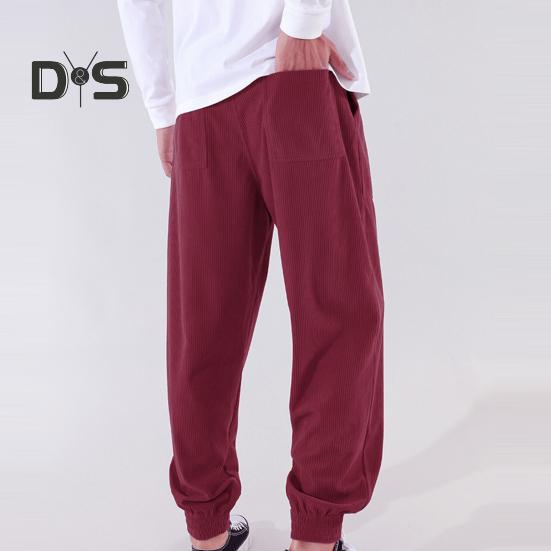 Pánské jarní podzimní kalhoty s bočními kapsami stahovací šňůrka v pase rovná noha tlustá manšestrová jednobarevná volné sportovní kalhoty