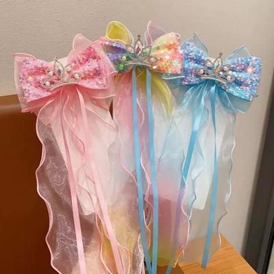 1pc Glitter Bow Crown Gradient Mesh Ribbon Hair Clip, Sweet Style, Suitable for Girls' Daily Hairstyles and Birthday Dress-up