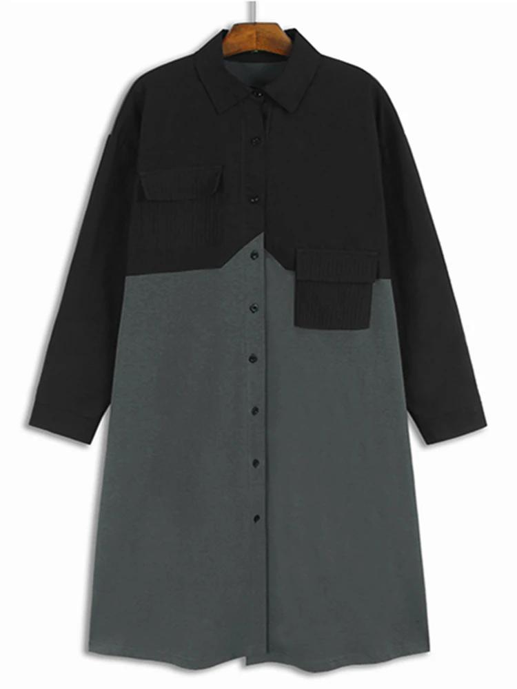 XITAO Full Sleeve Patchwork Single Breasted Dress GJ1076
