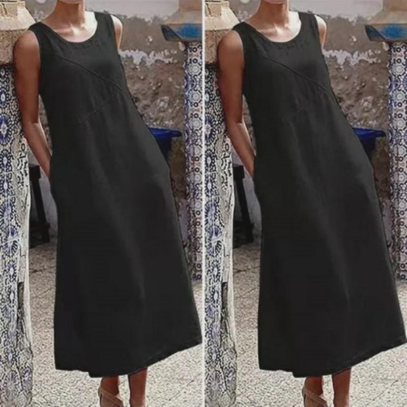 2023 Frühling/Sommer Übergröße Damen Baumwolle Leinen Ärmelloses Kleid - Locker, Schlankmachend, Bestseller