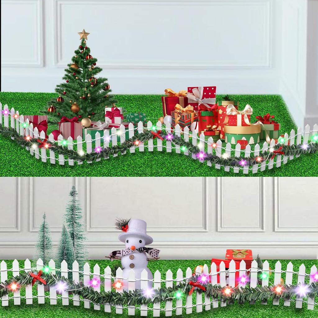 MicoLandscape Christmas Elf Fairy Garden Miniature Wooden Fence Handmade LED Light String Vine Landscape Greenery Evergreen Prop