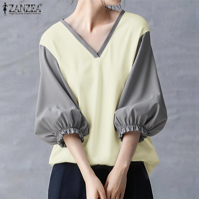 ZANZEA Women Casual V-Neck Splice 3/4 Sleeve Loose Blouse