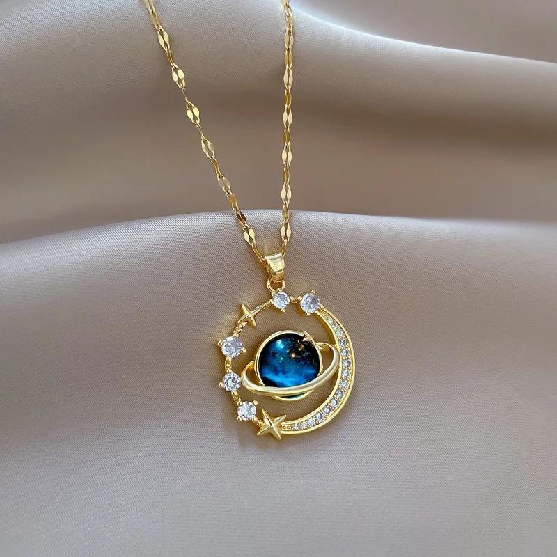 New Luxury Inlaid Zircon Planet Moon Pendant Necklace For Women Titanium Steel Butterfly Water Drop Clavicle Chain Charm Jewelry