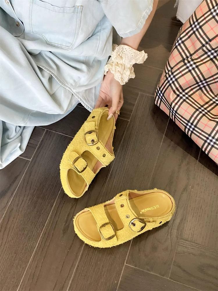 Cowhide Version Retro Niche Belt Buckle Thick-soled One-word Slippers Women Wear Versatile Beach Cool Slippers