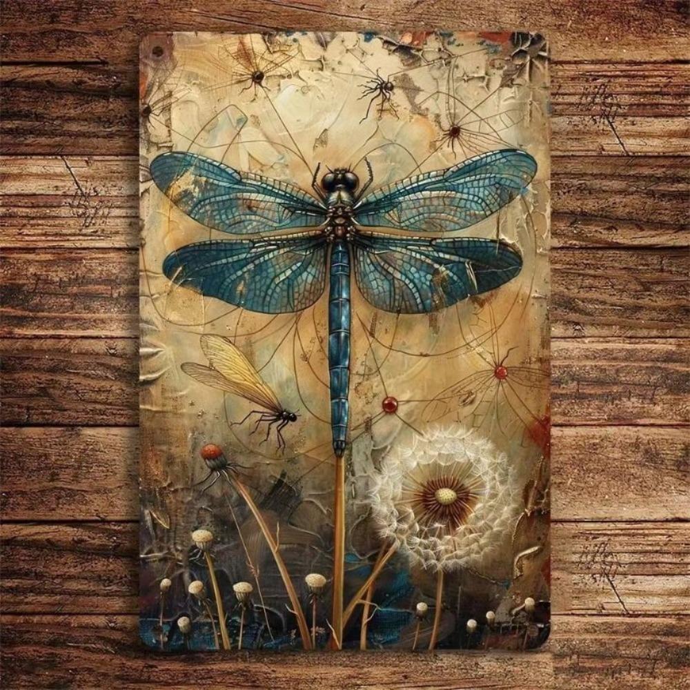 Metal Poster One Piece Premium Wall Art, Vintage Dragonfly Dandelion Decor for Living Room Bar Gift