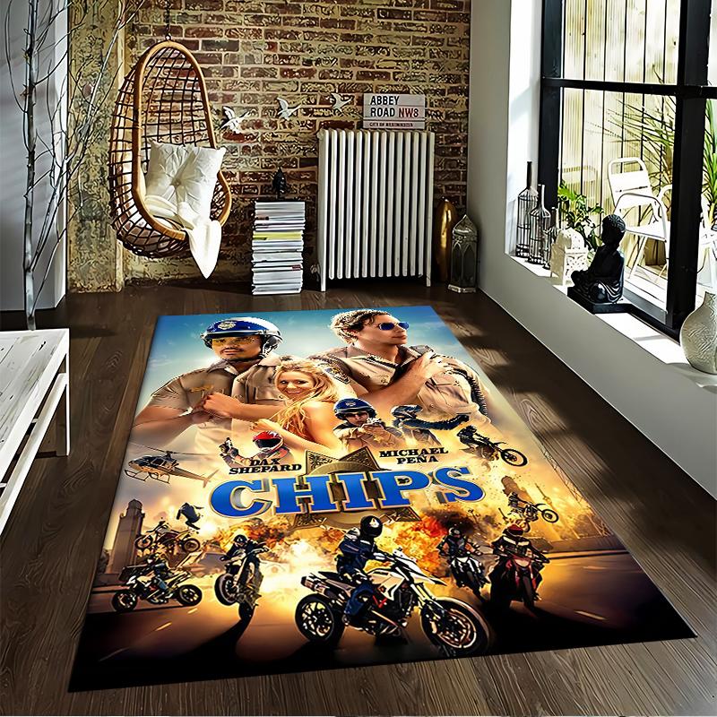 Durable Decorative Rug CHiPS Movie Motorcycle Cops Explosion Poster cute cartoon animated artwork non-slip area rug for lounge family room