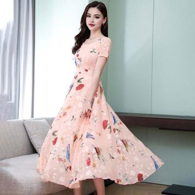 Women Party Dress A-line Big Swing Printed Ice Silk O Neck Short Sleeves High Waist Mid-calf
