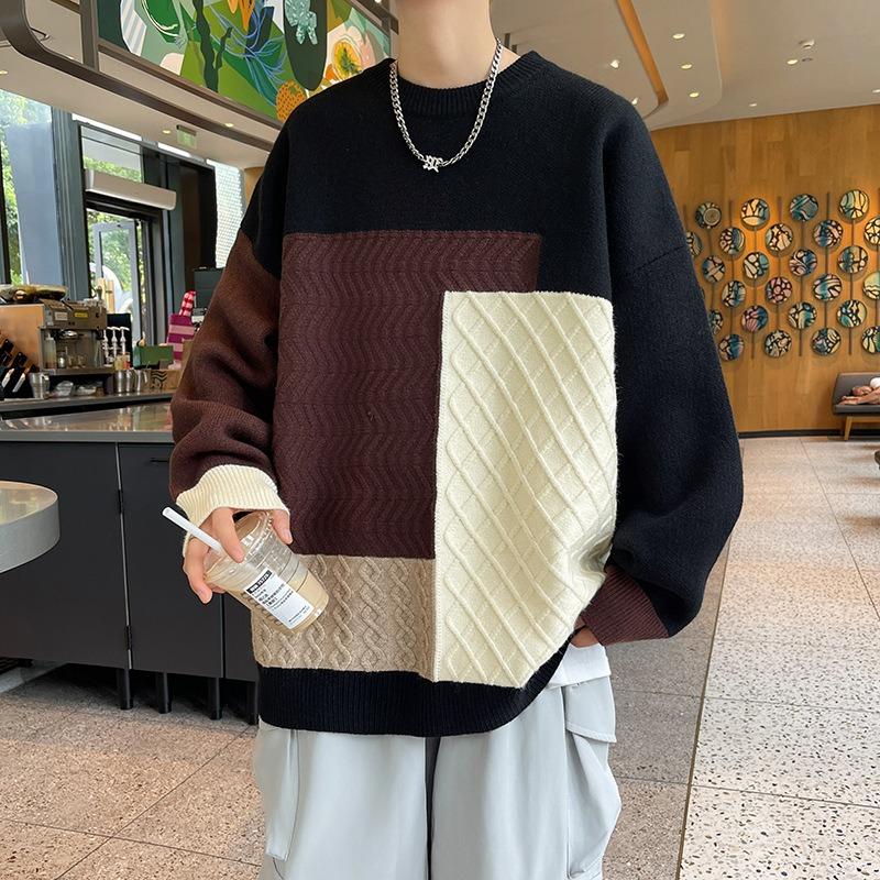 

Весна и осень мужской новый контрастный цвет свободный повседневный круглый вырез вязаный свитер 9XL чёрный