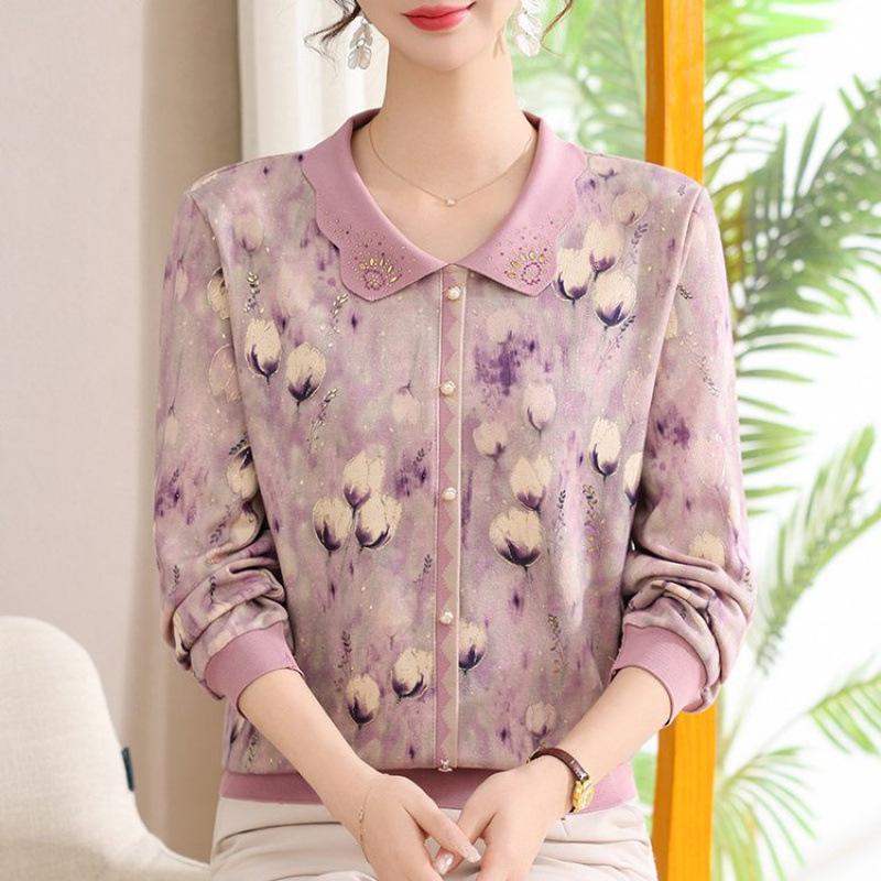 Mom's Spring Lapel Base Layer: Elegant Plus Size Long-Sleeve Shirt for Women 50+