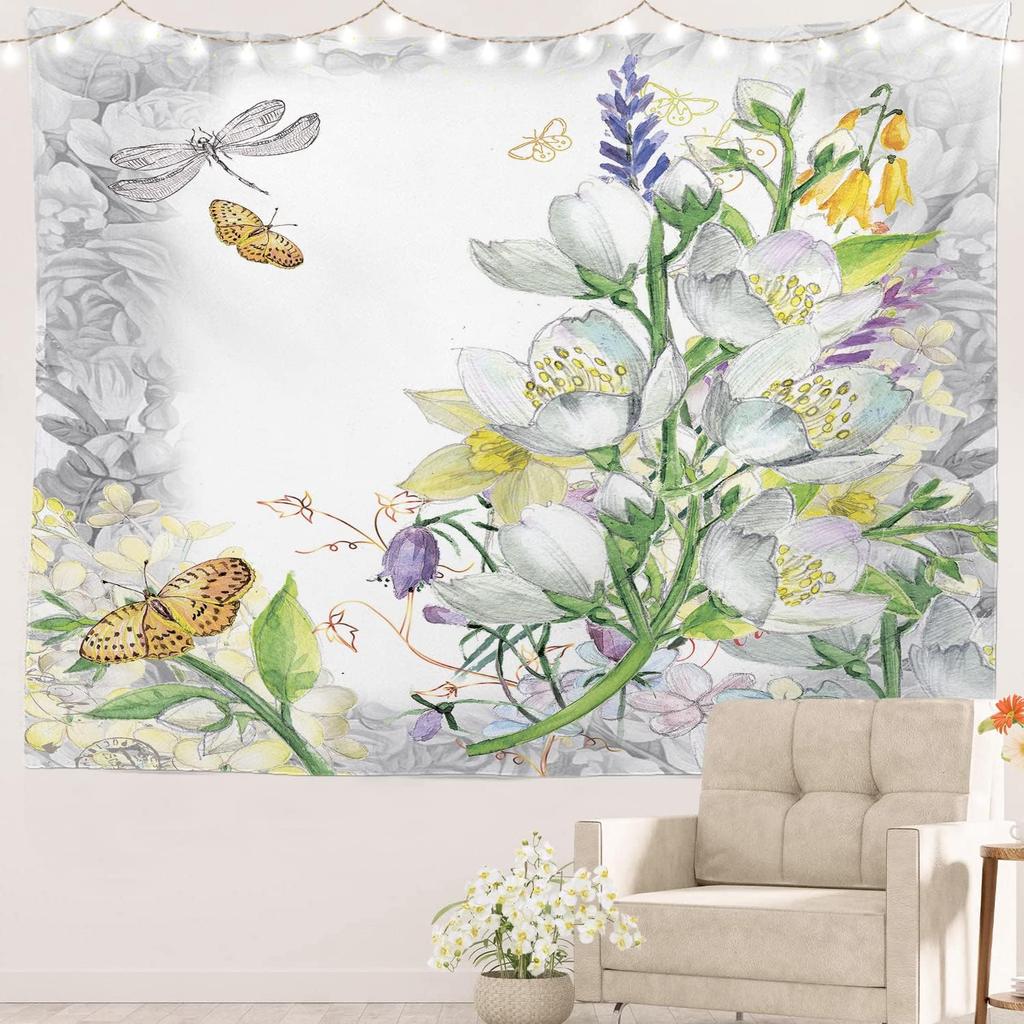 Romantic Flower Victorian Border Dragonfly Wildflower Hippie Trippy Tapestry Wall Art Meditation Decor For Bedroom Living Room
