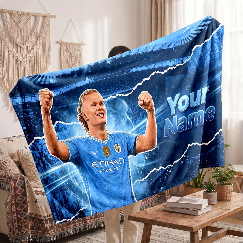 Erling Haaland Personalized Fleece Blanket With Football Logo, Custom Name Text Soft Warm Home Throw Blanket