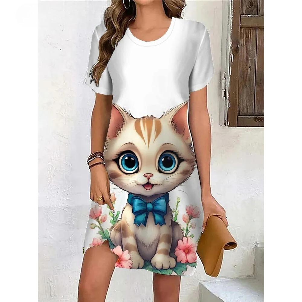 Cute Animal 3D Printed Ladies Elegant Casual Short Sleeve Dresses Fashion Plus Size Comfortable Soft Breathable Women Mini Dress