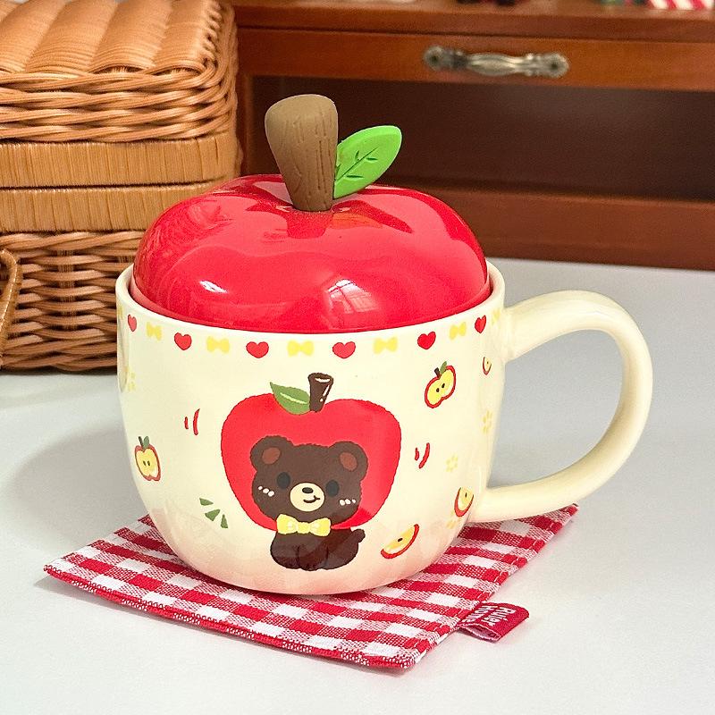 

Креативная керамическая чашка Apple с крышкой, кружка, подарок на день рождения, чашка для питья воды для девочки, ретро-чашка, сувенир 301-400ml