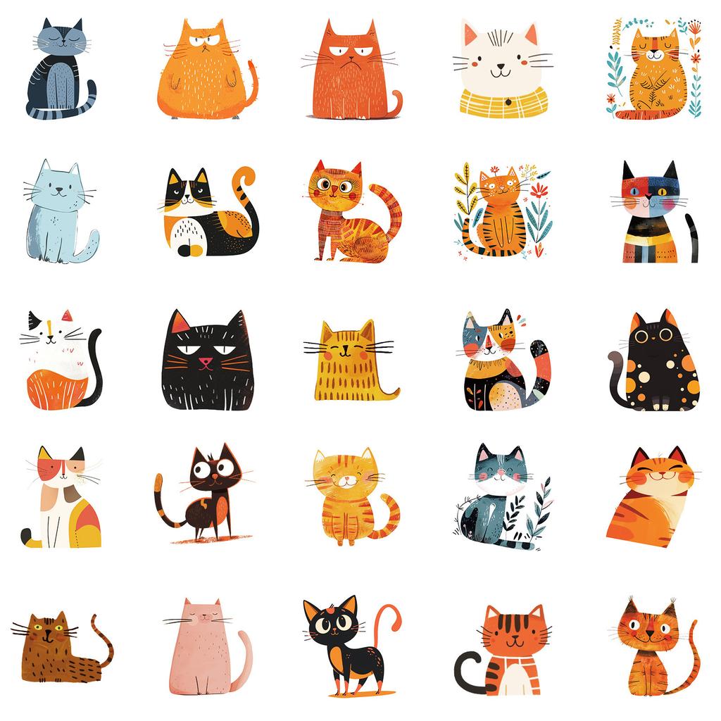 Boutique 50 Cartoon Cat Waterproof Stickers DIY Refrigerator Laptop Hand Account Computer Water Cup Suitcase Decoration