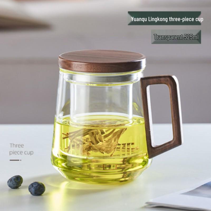 Luxury Smoky Gray Borosilicate Glass Tea Infuser Cup with Wood Handle