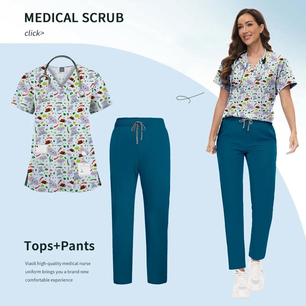 Printed Scrub Uniform Set V Neck Short Sleeves Pockets Top Medical Soft Scrub Pants Sets Nurse Surgical Uniforms Woman