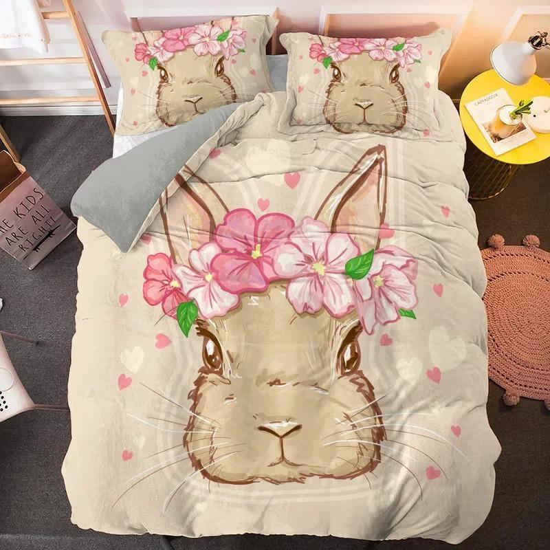 Cartoon Rabbit King Queen Duvet Cover Pet Animal Carrot Bedding Set for Kids Easter Theme Bule Polyester Quilt Cover