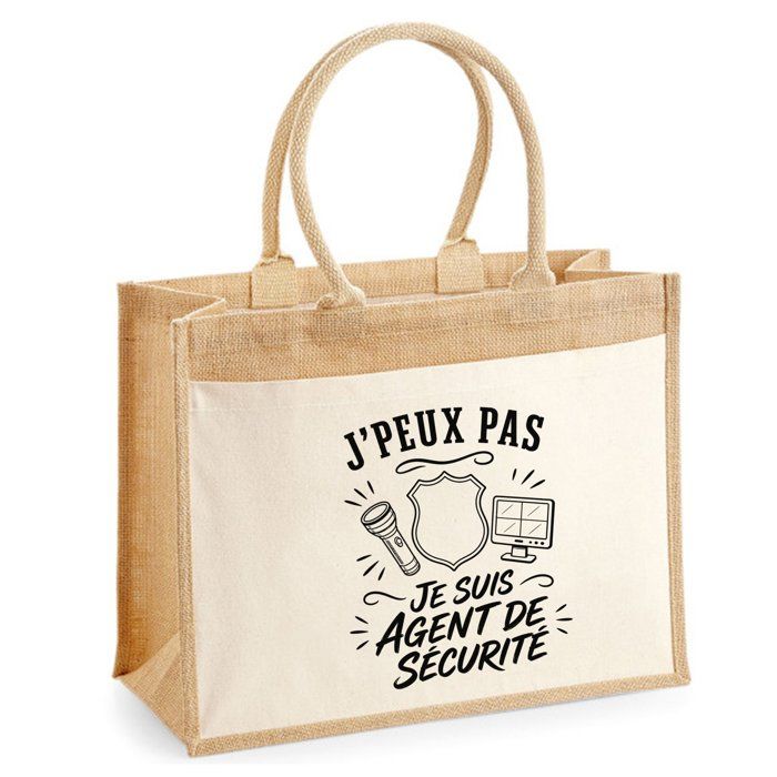 Sac Cabas Jute avec Poche J’peux pas je suis Agent de sécurité J'peux pas minimaliste | Toile de Jute et Coton 21 L Fond Plat Anses