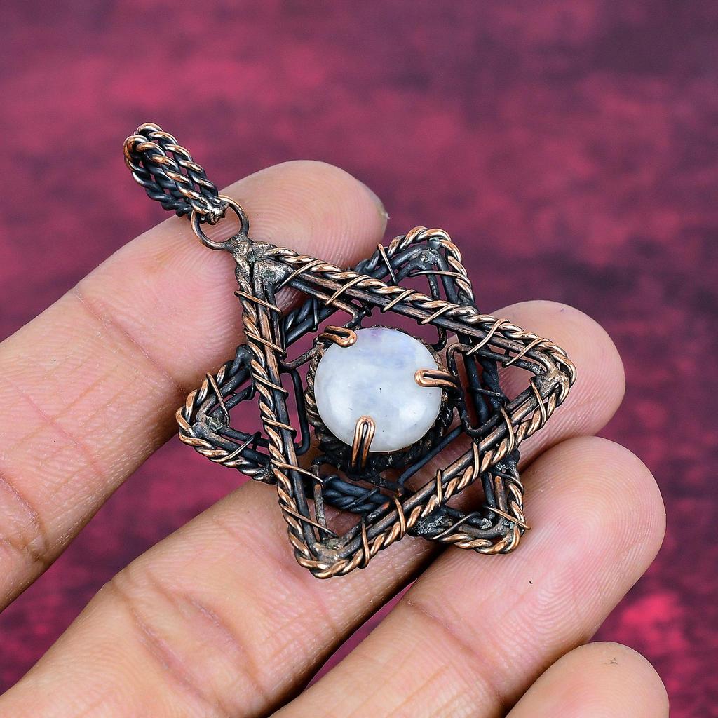 Rainbow Moonstone Pendant Real Gemstone Jewelry Copper Wire Wrapped Star Pendant