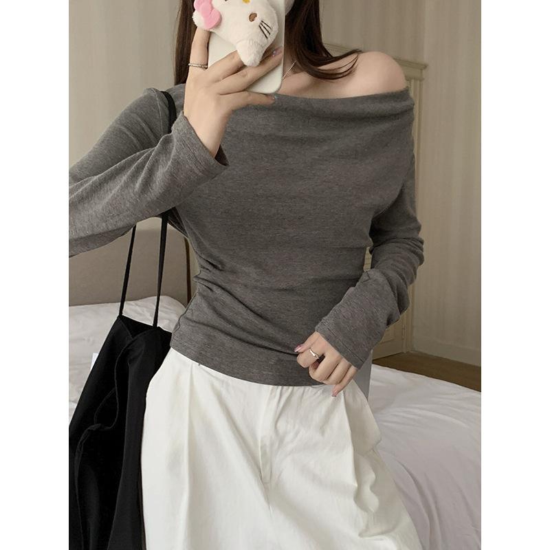 French flower gray swinging collar temperament long-sleeved T-shirt women's autumn pure desire one-word diagonal off-shoulder bottoming shirt slim top