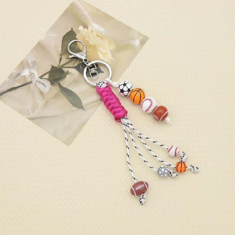 Pack of 4 Fashionable Sporty Keychains Handwoven Polyester Rope Wood Bead Basketball Baseball Football Themes Keyring
