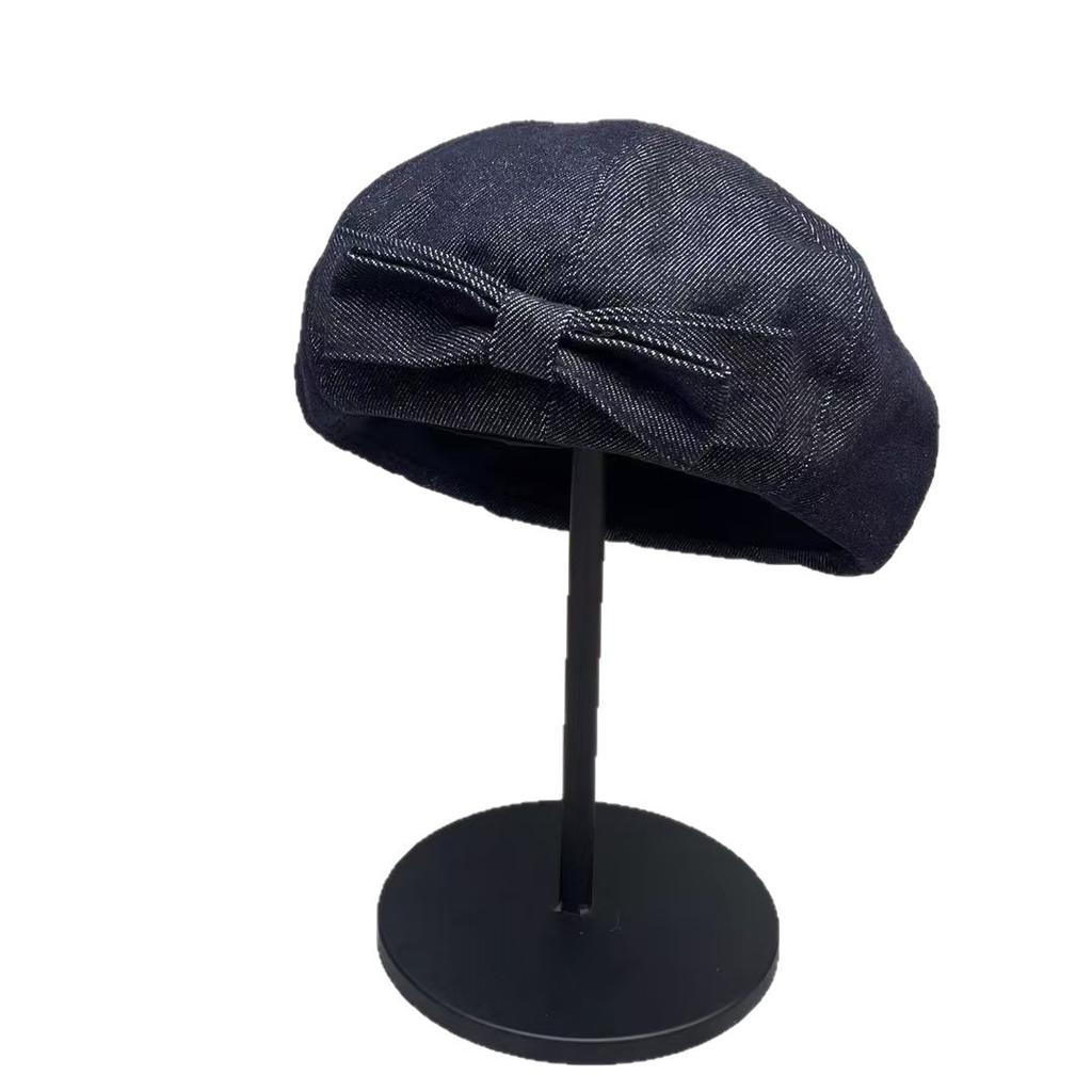 Hand made Sweet Double Layered Bow Denim Beret Hat for Women with A Small Face and Big Head Circumference Painter's Hat