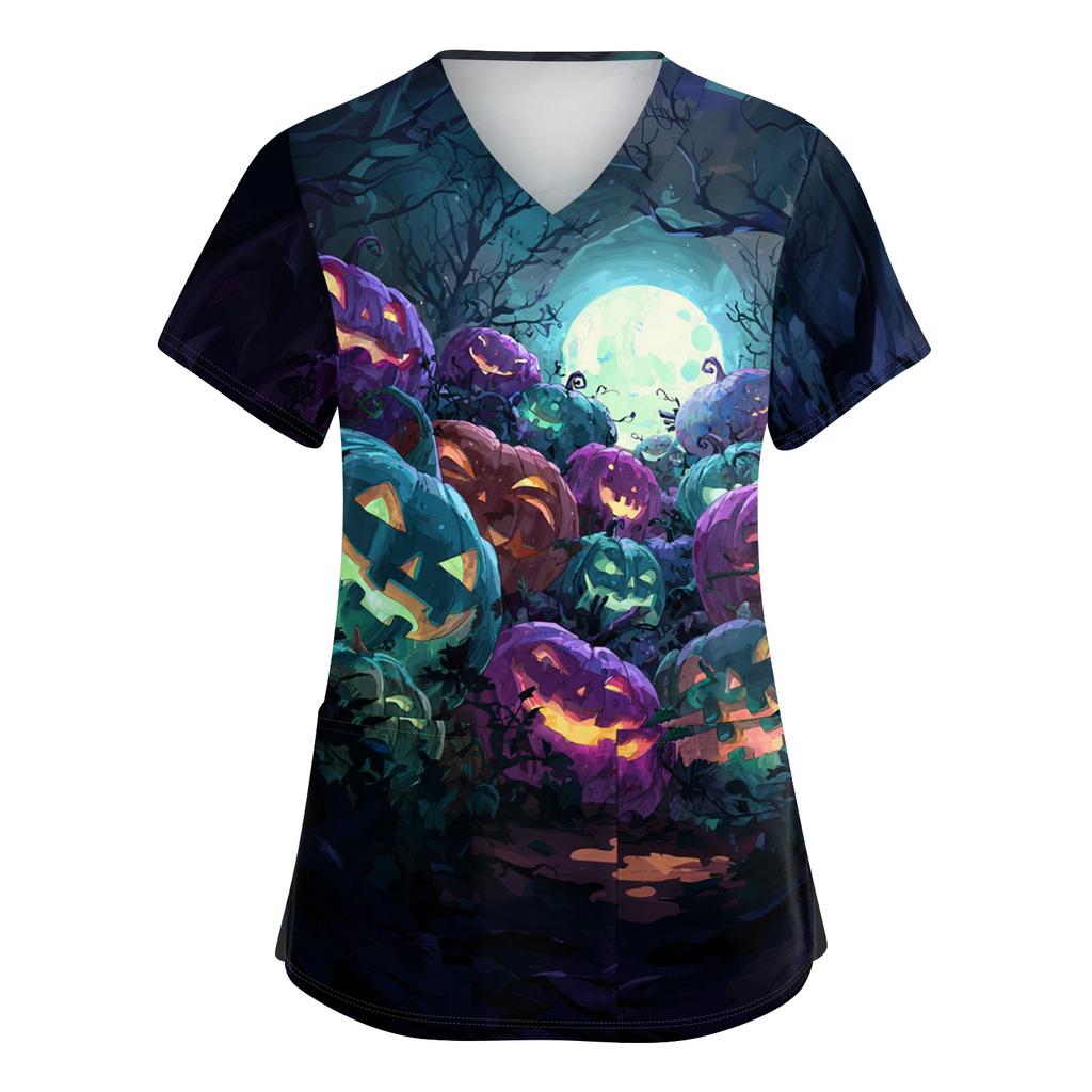 Women's V-Neck Short Sleeve Scrub Top with Pockets Halloween Print for Work