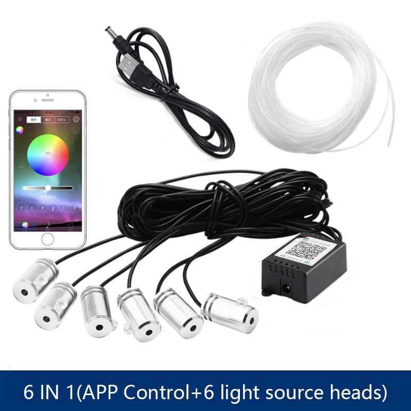 6 in 1 LED Atmosphere Car Light RGB Flexible Decorative Lamp 8M Interior Ambient Light by App Control Fiber Optic Strips Light