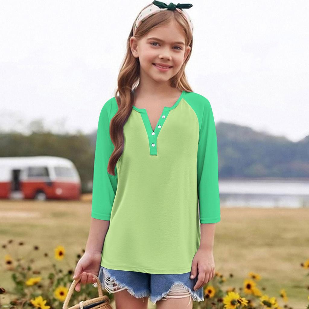 Print Tops For Youth Girls Round Neck 3/4 Sleeves T-Shirts Trendy Tops Outfit Tees