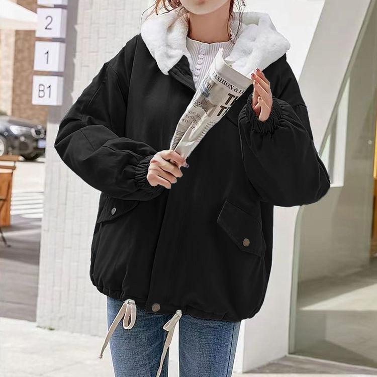 Women's Autumn/Winter Fleece-Lined Thickened Korean-Style Loose, Versatile, Casual and Stylish Lamb Wool Student Cotton Coat