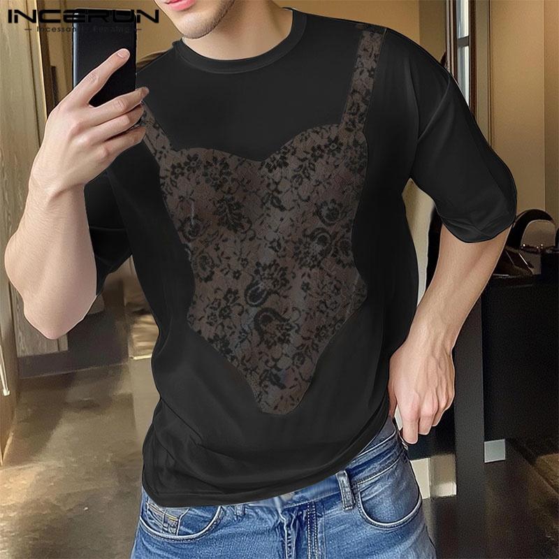 INCERUN Men O Neck Short Sleeve Funny Lace Patchwork Mesh Sheer Loose T-shirts Tee
