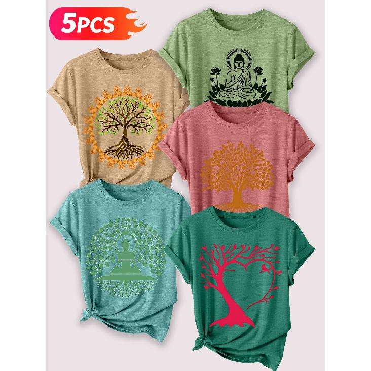 Zen-inspirierter Baum des Lebens Lotus Meditation Künstlerischer Druck Fünfteiliges Set von kurzärmeligen Damenoberteilen Elegante Sommerparty-Outfits Wesentliche Mode