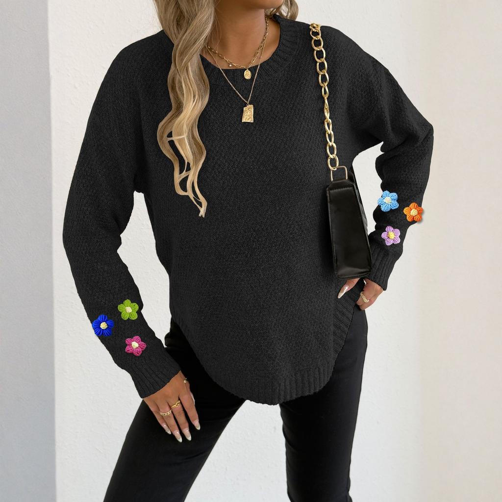 Women's T-Shirt Vintage Floral Print Round Neck Loose Long Sleeve Mid-Length Thumb Leak Top