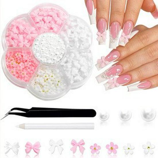 Pearl & Flower Nail Art Kit: 7-Grid Five-Petal Flowers & Mixed Sizes for DIY