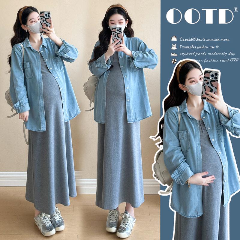 Spring 2026 Maternity Casual Two-Piece: Lapel Shirt + Slimming Camisole Dress Medium