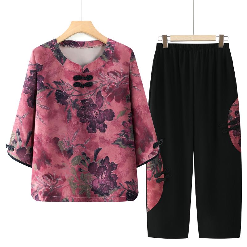 

Women s Summer T-Shirt Set for Middle-Aged and Elderly: Two-Piece Short Sleeve Outfit for 70-80-Year-Olds 4XL (130-145 Jin)