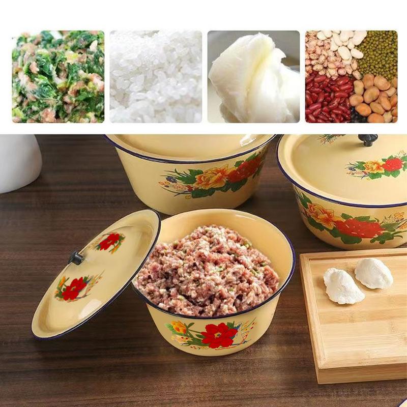 Bol de esmalte Clásico Vintage Recipientes de esmalte para pasteles con tapa Pequeño Multifuncional Cuenco de sopa de esmalte Bol para servir ensaladas Asiático