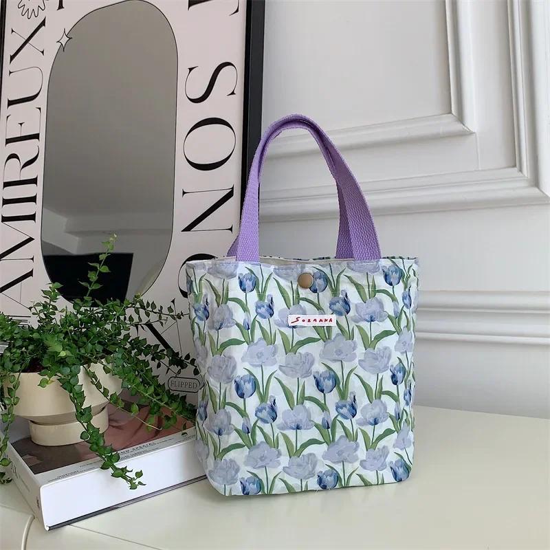 Korean Cloth Handbags Lunch Box Bag Women's Beauty Flower Canvas Bag Outside Shopping Toiletry Phone Oagnzier Storage Bags